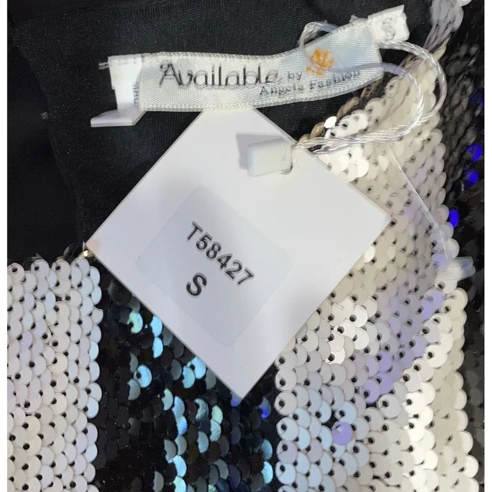 New-black white sequins beads evening formal cocktail blouse Top SM - Picture 7 of 7